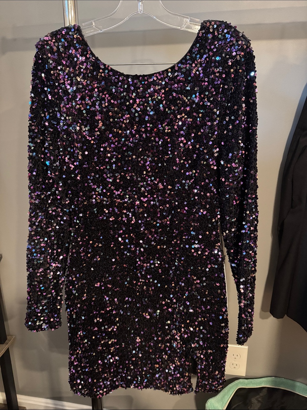Long-Sleeve Black Sequin Mini Dress with Iridescent Accents